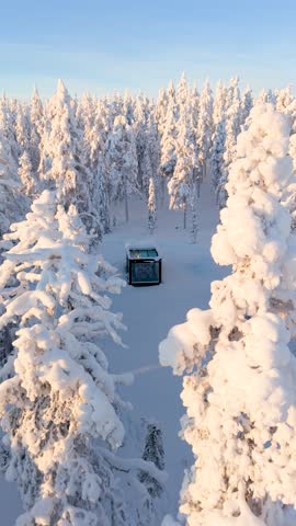 Amidst a breathtaking snowy landscape in Akaslompolo, Lapland, Finland, a cozy cabin sits surrounded by towering, snow-laden trees under a clear blue sky.