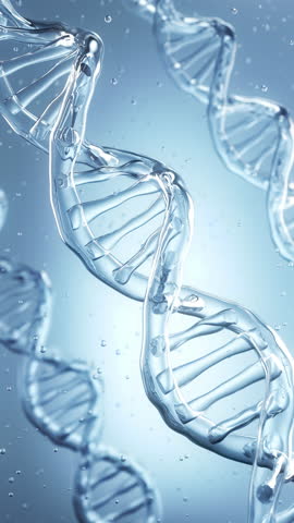 DNA Double Helix Spiral Molecule Structure, blue water dna Science or medical background, 4K vertical mobile format.