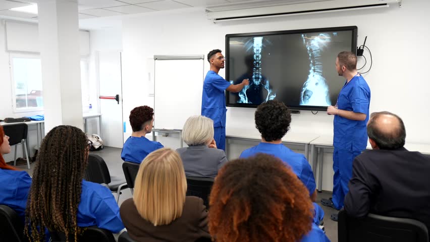 Professional doctors presenting a human spine x ray during a medical congress, explaining vertebral anatomy and pathology to a diverse group of physicians, nurses and students in a seminar room