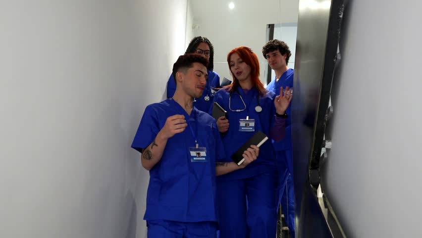 Diverse group of smiling male and female medical students in blue scrubs walking down the stairs in a hospital corridor, laughing and chatting together during a break from their studies