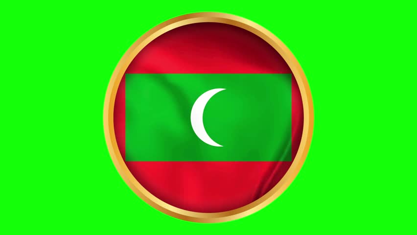 Maldives round framed national wavy flag. Circular blowing flag of Maldives. Asian island emblem with red border, green field, and white crescent. Beautiful glossy patriotic symbol.