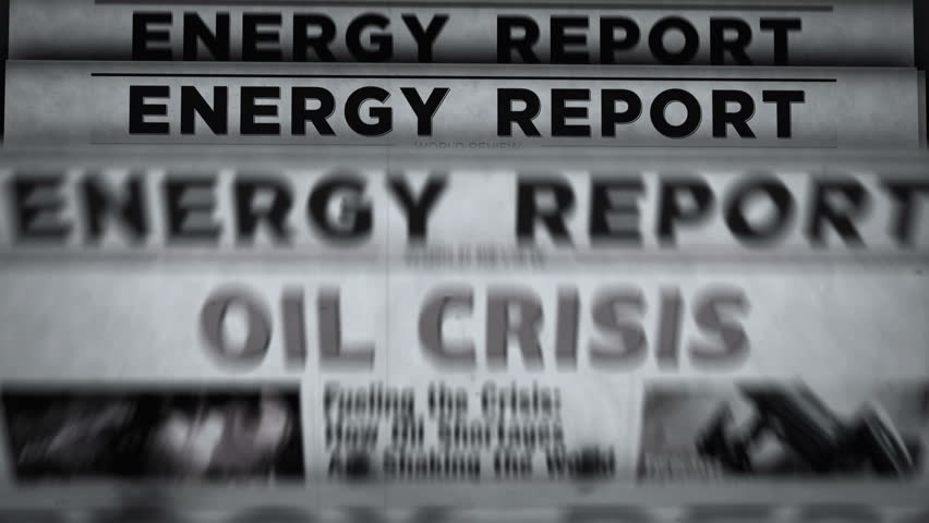 Oil crisis vintage news and newspaper printing. Abstract concept retro headlines 3d black and white.