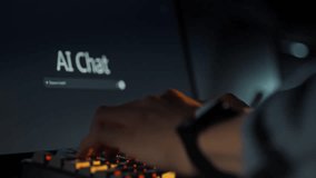 In the evening, a man's hands rapidly type a query into the AI chat interface on the computer monitor, utilizing the keyboard to interact with the model's chat window - Powered by Shutterstock - Get 15% off with code: PIKWIZARD15