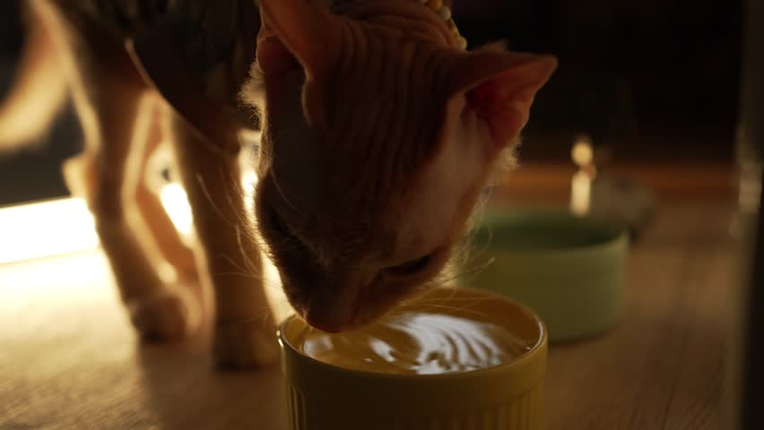 Thirsty hairless sphynx cat lapping water from a ceramic bowl in a dimly lit room, highlighting the importance of hydration for preventing urolithiasis and maintaining feline health