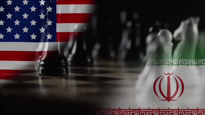 The flag of the United States and Iran is displayed against the background of chess pieces. 4K.