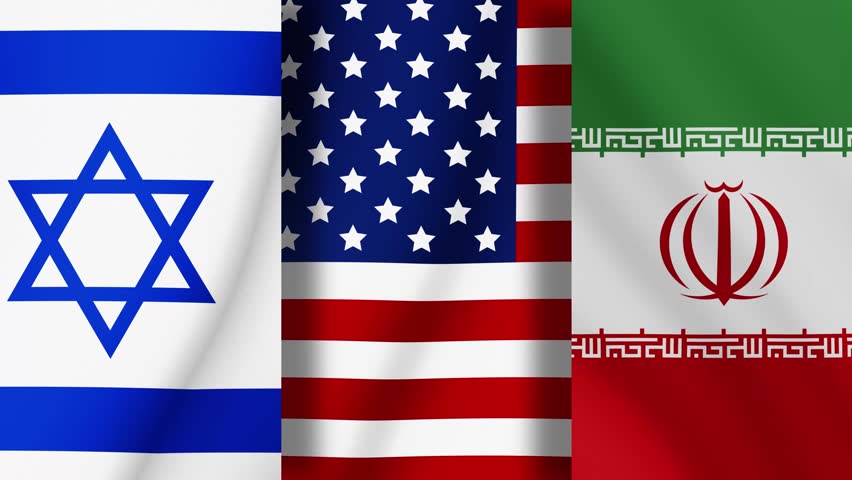 Waving flag of Israel, Iran, and the United States. 4K