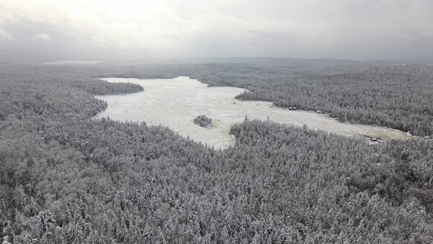 Aerial drone footage during heavy snow storm: snow-laden pine and beech forest surrounding frozen lake in Halifax region. Nova Scotia, Canada, dramatic cold winter landscape 4K.