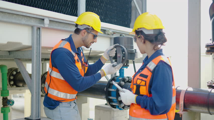 Professional industrial engineers in safety gear inspect a large pipeline valve system at a modern factory. A female technician uses a digital tablet while a male worker adjusts the equipment.