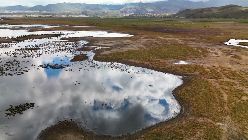 Aerial view of clouds reflecting in calm water while gliding over a lush green reed bed