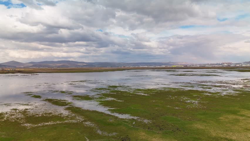 Aerial view of a wide wetland and swamp area under a cloudy sky