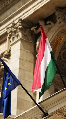 Waving Hungarian Flags Adorn The Facade Of A Historic Building In The Center Of Budapest, Vertical Video