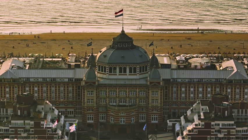 Aerial view of Scheveningen Beach in city Hague, Scheveningen Pier and famous Ferris wheel skyview de Pier