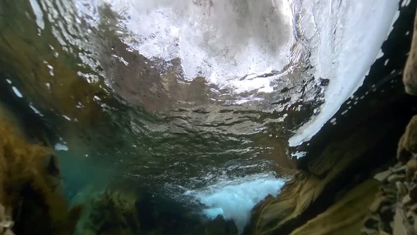 landscape underwater of the Valnontey, snow and ice underwater, stream below, snow, Gran Paradiso National Park, Cogne, Valnontey, Valle d'Aosta, Italy, no people, winter   snow, ice, creek, torrent