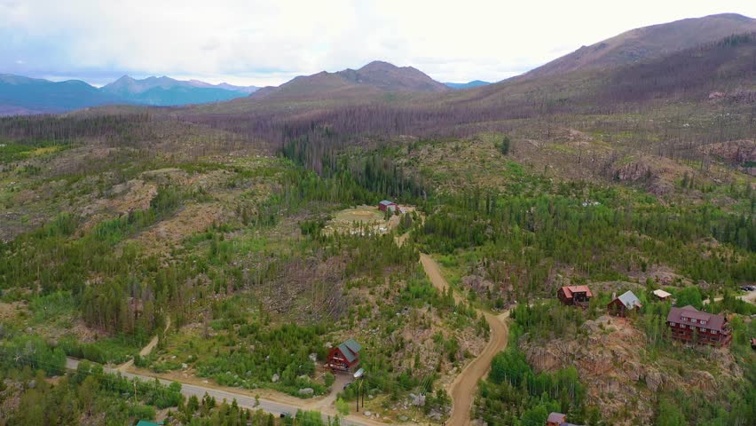 Aerial view of Estes Park Colorado with mountain homes, forest regrowth, winding roads, and dramatic Rocky Mountain ridges surrounding a scenic alpine valley