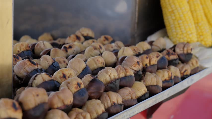 Roasted Chestnuts on Charcoal Grill at Istanbul Street Vendor