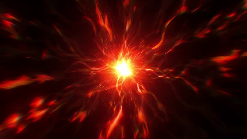 Abstract fiery red energy burst with glowing plasma lightning and bright central core, intense radial explosion of hot orange streaks on a dark background, vivid electric fire motion with radiant heat and dramatic contrast, futuristic sci fi power blast with luminous depth and aggressive abstract visual force
