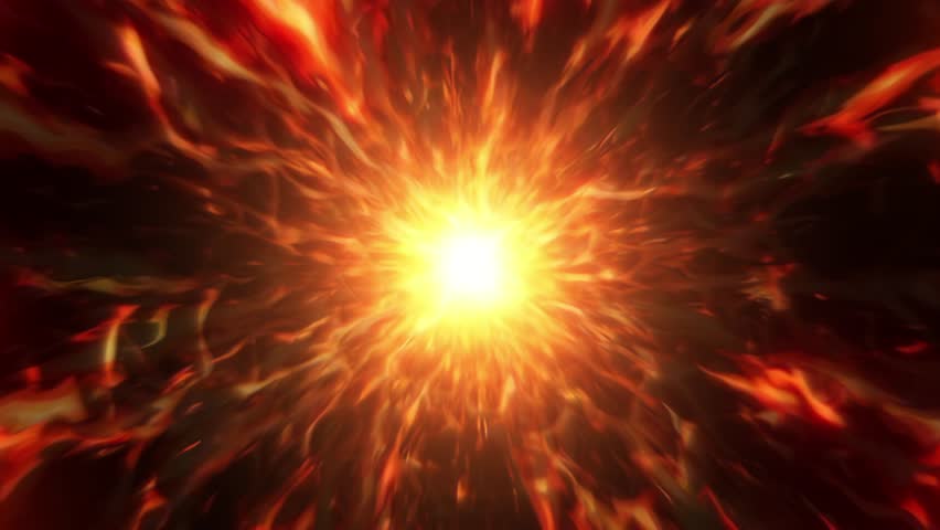 Abstract fiery orange energy explosion with bright glowing core and radial flame burst, vivid red yellow plasma rays and burning sparks spreading through a dark background, intense sci fi light blast with hot combustion texture, radiant motion and dramatic futuristic digital power atmosphere