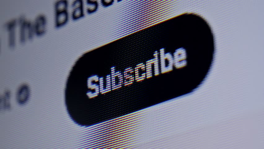 Detailed close-up of a cursor selecting the subscribe button on a social media or video platform. Concept of audience building and online community. High quality 4k footage