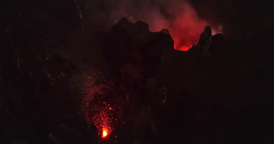 Aerial view of Mount Yasur volcano crater actively erupting, shooting incandescent lava fragments and sparks into the dark night sky, illuminating the rugged volcanic landscape with red glow and smoke
