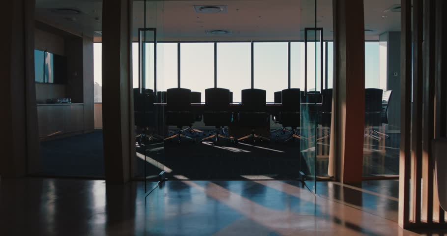 Empty, interior and furniture in office for meeting, corporate training and architecture design. Windows, chairs and modern layout of boardroom, business seminar and luxury table in conference room