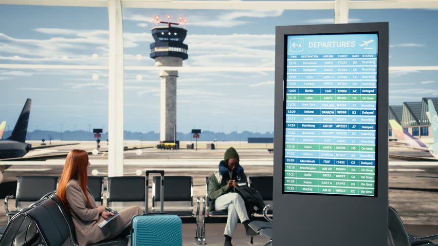 All flights cancellation, unhappy passengers, red alerts on board screen, flights grounded due to strike or conflict. Diverse group shows panic, anger and frustration, uncertain travel plans.