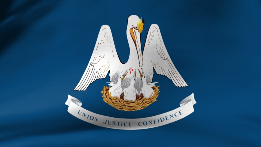 Close-up of Waving Louisiana State Flag with Pelican and Motto