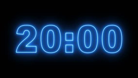 glowing neon 20 minute Countdown. cyan color neon 20 to 19 minute Countdown timer on black background. neon Countdown timer from 20 minute to 19 minute suitable for presentations  - Powered by Shutterstock - Get 15% off with code: PIKWIZARD15