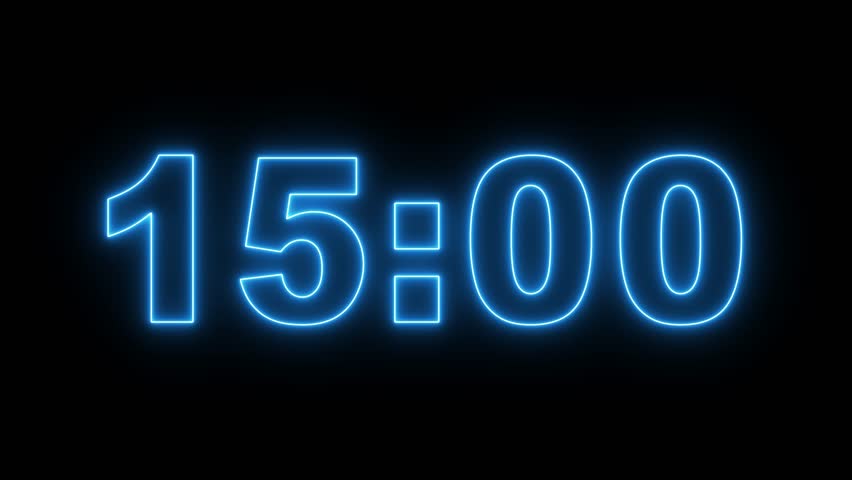 glowing neon 15 minute Countdown. cyan color neon 15 to 14 minute Countdown timer on black background. neon Countdown timer from 15 minute to 14 minute suitable for presentations