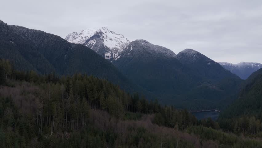 Stunning Winter Landscape of Forest, Lake, and Snow-Capped Mountains in British Columbia, Canada