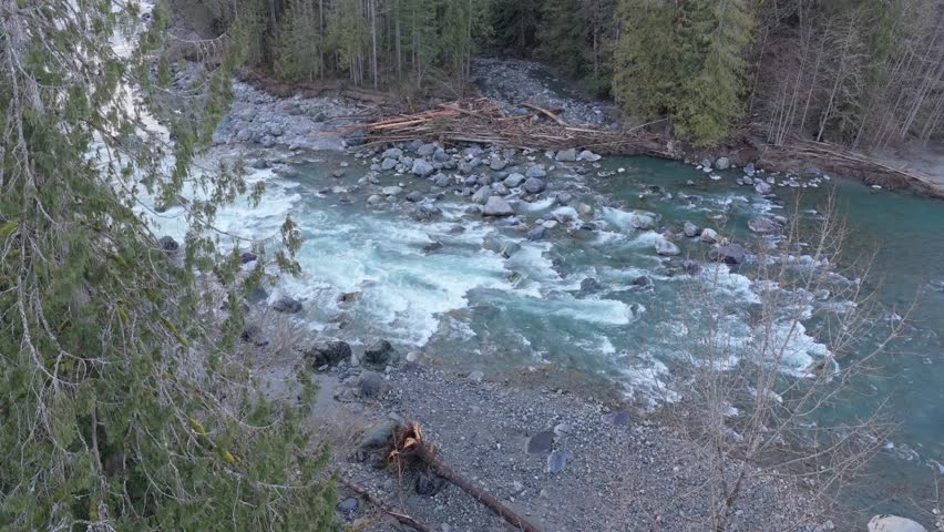 Aerial View of Rushing River Rapids Through a Serene Forest in British Columbia, Canada
