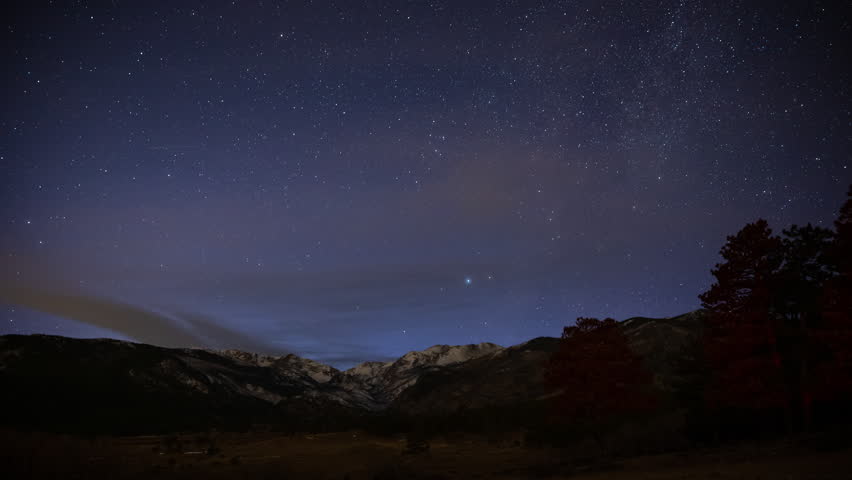 The Milky Way over Rocky Mountain National Park, starry sky with planes and satellites, time lapse