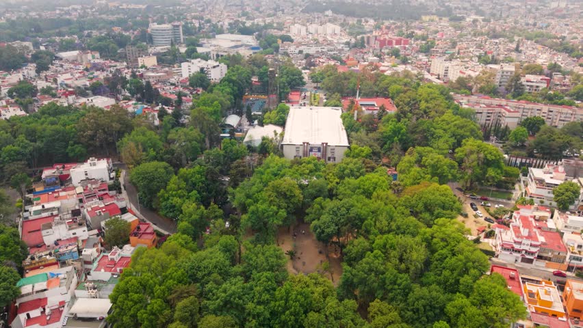 Aerial perspective of Parque Xotepingo urban park in Mexico City