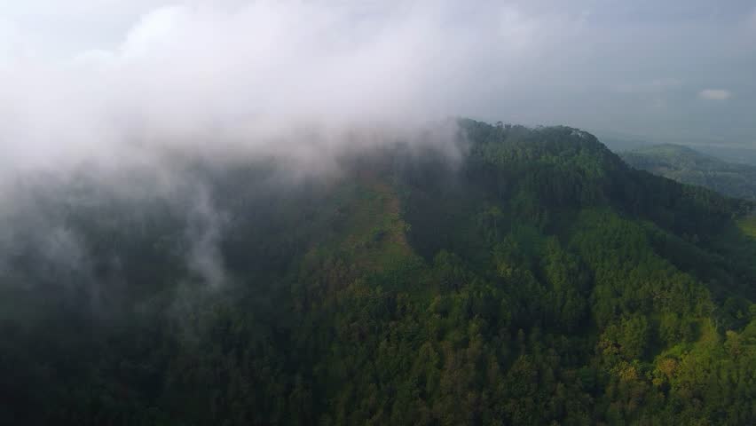 Aerial drone view of hilltops and mountain ranges with lush forests and trees and morning mist above them in Banyumas, Central Java, Indonesia