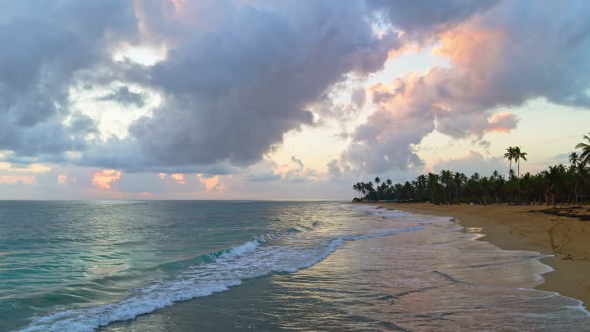 Palm beach against the backdrop of an amazing tropical sunset. Video of a natural sunrise landscape. Pink sky over the sea. Evening beach backdrop. Orange clouds over the ocean. The best sunset in the world.