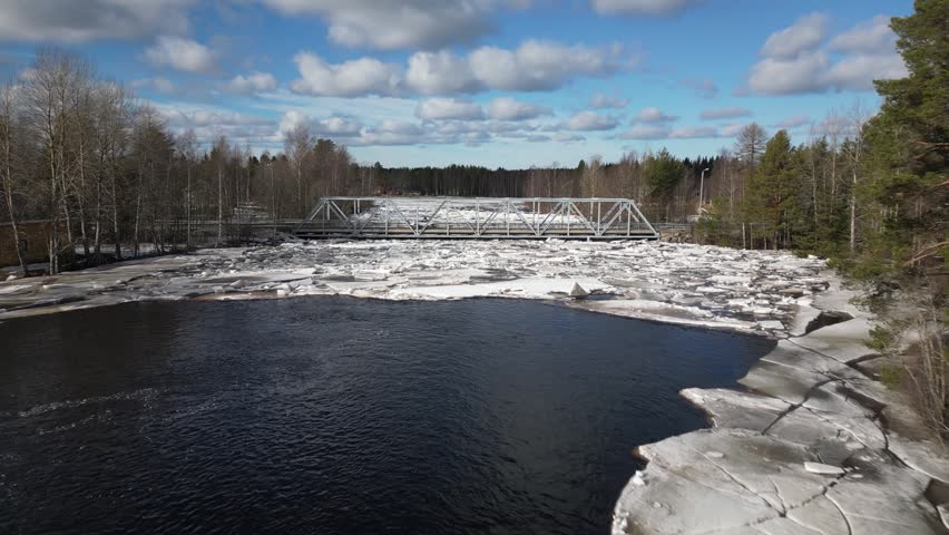 Ice jam filling river Kiiminkijoki in Vesala, Oulu Finland