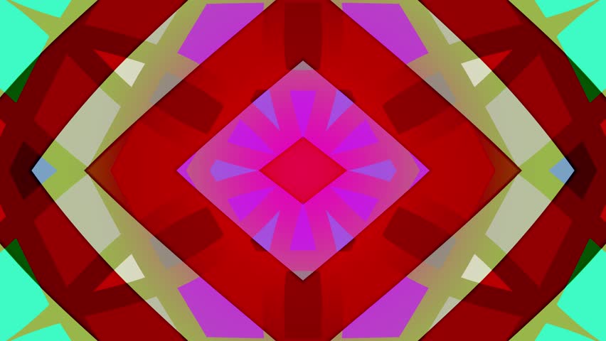 Bold geometric mandala with red, pink, and blue blocks, symmetrical design seamless pattern