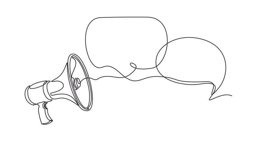 Animated self drawing of continuous line draw of Speech bubble with megaphone. Bullhorn speaker business concept.  Full length one line animation. 4K