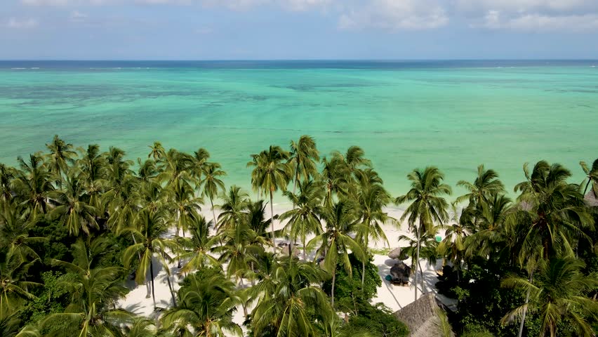 Aerial view flying away from paje beach, zanzibar, revealing the stunning turquoise indian ocean