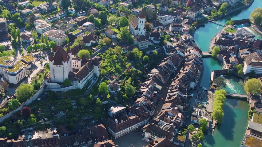 Aerial view of the downtown of of the city Thun on a sunny morning in summer in Switzerland.