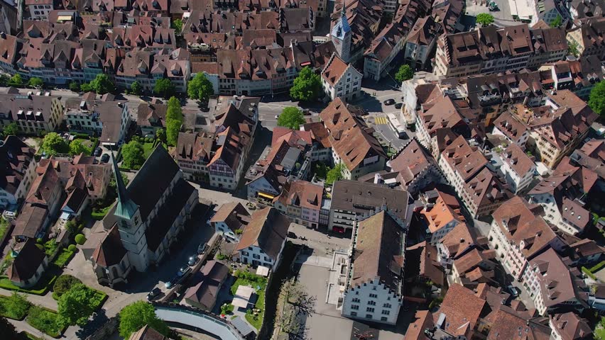 Aerial view of the old town of  the city Zug on a sunny noon in summer in Switzerland.