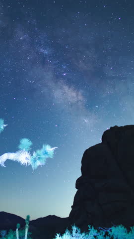 Vertical Shot of Joshua Tree National Park Milky Way Galaxy Over Intersection Rock and Joshua Tree in South Sky Astrophotography Time Lapse California USA