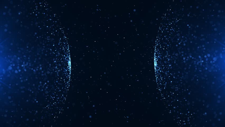Blue glowing particles forming two symmetrical fields in deep space, creating a futuristic abstract cosmic background with depth and subtle motion. Seamless loop abstract
