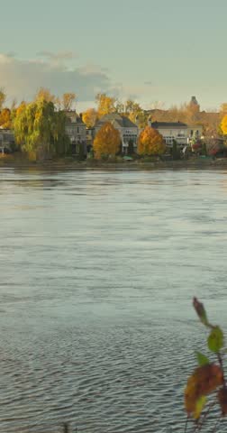 Vertical View Of Waterfront Residential Houses Nestled Among Autumn Trees. Static Shot