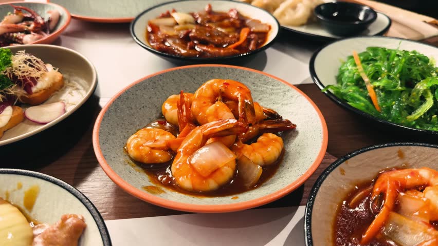 Teriyaki shrimp, Healthy dish with the perfect sweet and savory flavor balance. . High quality 4k footage