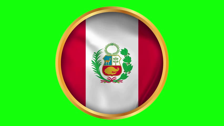 The Peruvian state flag featuring the national coat of arms blowing realistically in a gold circular frame. High-definition waving fabric on green screen for official use