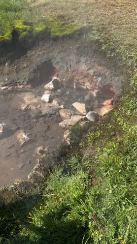 Geothermal hot springs, bubbling mud pools and steam vents in Haukadalur valley, Golden Circle, Iceland

