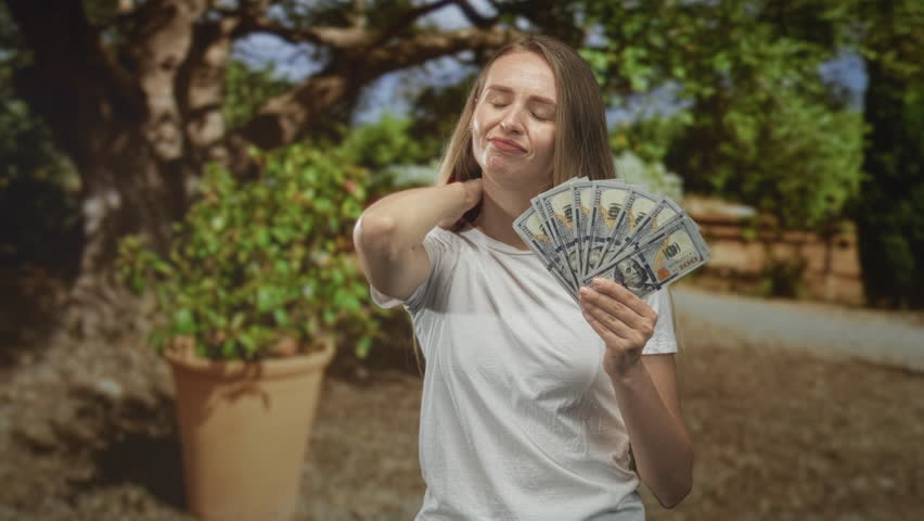 Woman holding a fan of dollars with hand on neck in forest setting, wearing white tshirt and standing by a terracotta pot; wealth success smug.
