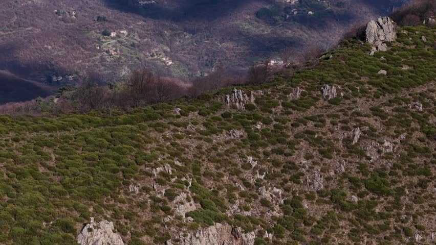 Drone captures contrast between exposed rock surfaces and dense shrub clusters on hillside in Montpezat-sous-Bauzon, Ardèche, France