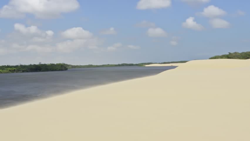 Scenic view of a desert dune alongside a river under a clear sky - Barreirinhas, Brazil