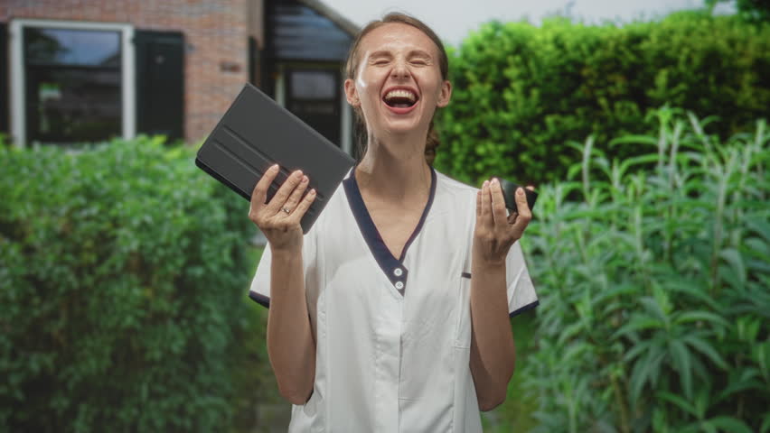 Woman in uniform holding tablet and cream jar, hands raised, laughing outside building; joyful playfulness.